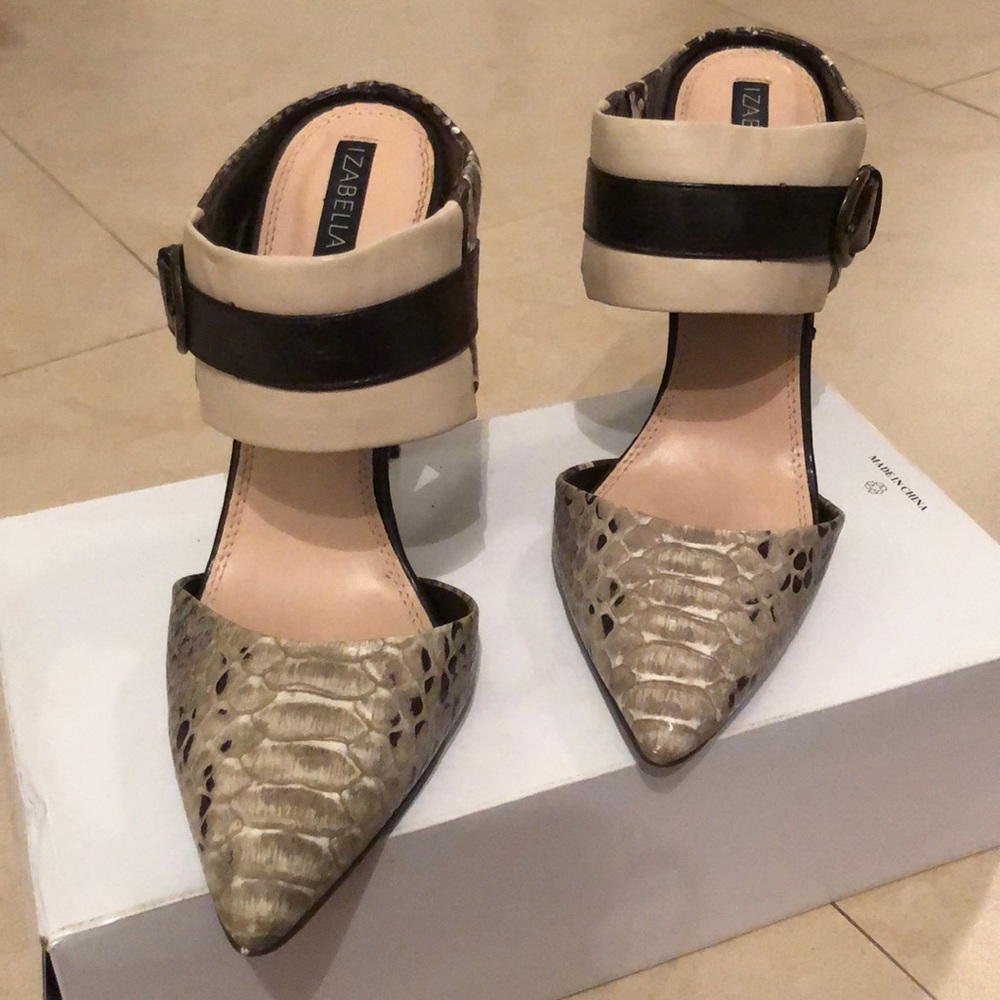 Brown and tan snake embossed mules